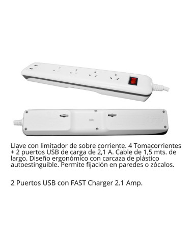 PROLONGADOR MULTIPLE TRV 4 TOMAS 2 USB 1,5MTS...