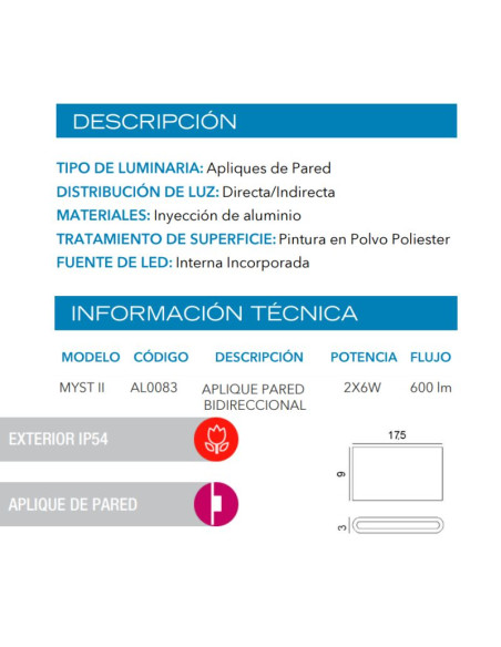 APLIQUE BIDIRECCIONAL MYST II LED 2X6W NEGRO 3000K ALUMINIO