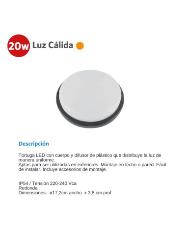 TORTUGA LED REDONDA NEGRA 20W CALIDA 3000K SICA