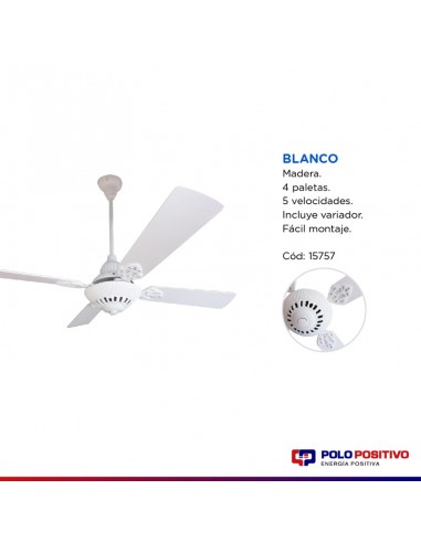 VENTILADOR TECHO MADERA 4 PAL 5 VELOC BLANCO