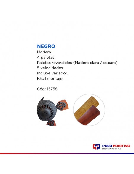 VENTILADOR TECHO MADERA 4 PAL 5 VELOC NEGRO