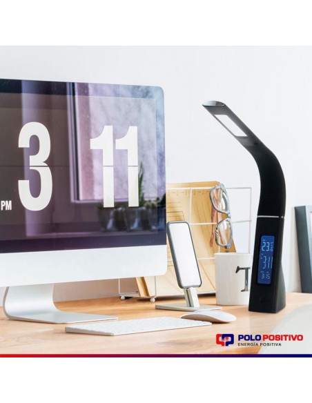 LAMPARA DE MESA BOSTON USB LED 9W NEGRO 3 INTENS CLOCK