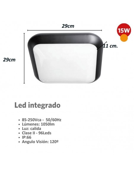 TORTUGA LED INTEGRADO CUAD 15W CALIDA 2700K NEGRO
