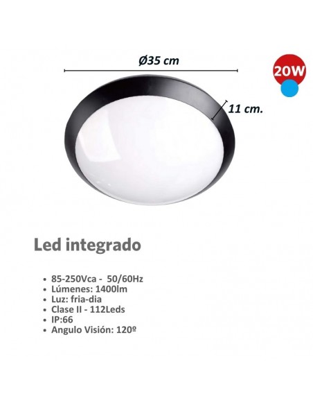 TORTUGA REDONDA LED INTEGRADO 20W NEGRO LUZ FRIA 6700K