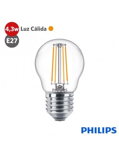 LAMPARA LED PHILIPS FILAMENTO GOTA P45 4.3W LUZ CALIDA E27