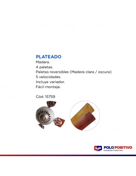 VENTILADOR TECHO MADERA 4 PAL 5 VELOC PLATIL