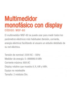 MEDIDOR MONOFASICO DIGITAL 2 MOD DIN 60A V+A+F GRALF 2