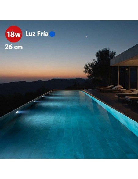 ARTEFACTO PARA PILETA MEDUS 26CMS ACERO INOX 18W LED FRIO