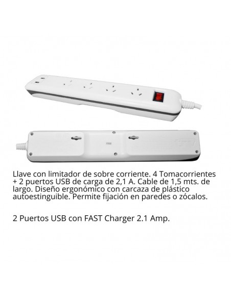 PROLONGADOR MULTIPLE TRV 4 TOMAS 2 USB 1,5MTS P/ TERM BL