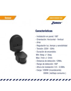 SENSOR DETECTOR MOV. PARED 180º NEGRO IP44 2