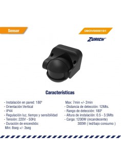 SENSOR DETECTOR MOVIMIENTO PARED/TECHO 180º NEGRO IP44 2