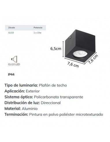 PLAFON TECHO ALUMINIO GU10 CUADRADO NEGRO (225/P)