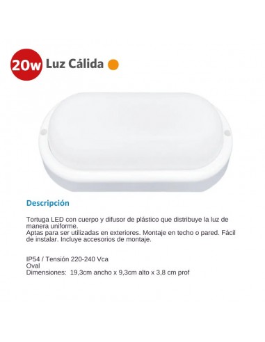 TORTUGA LED OVALADA BLANCA  20W CALIDA 3000K SICA