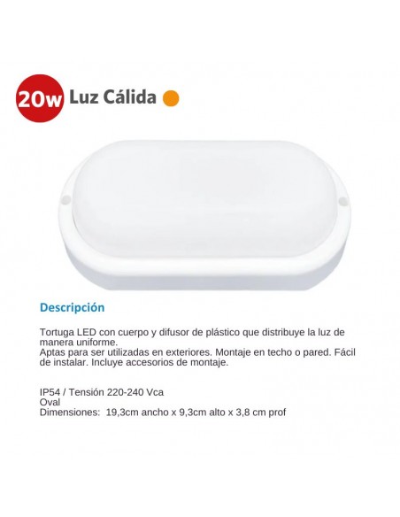 TORTUGA LED OVALADA BLANCA  20W CALIDA 3000K SICA