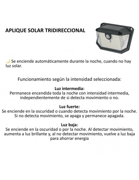 APLIQUE LED SOLAR TRIDIRECCIONAL DETECT MOVIM IP65 6000K