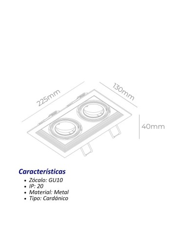 PLAFON EMBUTIR ECUA DICRO 2 LUCES BLANCO CANDIL