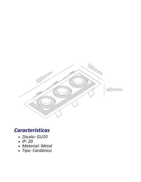 PLAFON EMBUTIR ECUA DICRO 3 LUCES NEGRO CANDIL