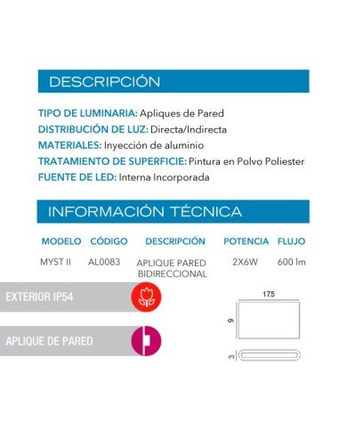 APLIQUE BIDIRECCIONAL MYST II LED 2X6W NEGRO...