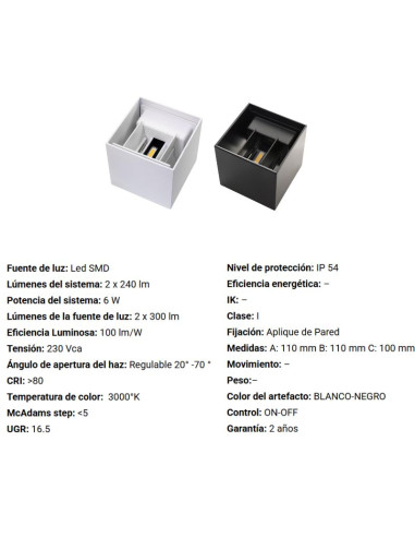 APLIQUE BID VK SYMUD PRO 2X3W 3000K NG HAZ REG...