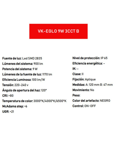 APLIQUE LED VK EGLO 9W NG CAL/NEU/FRIO IP65 12CM