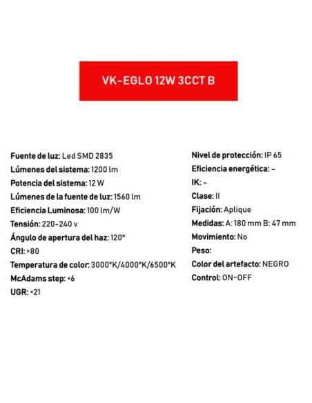 APLIQUE LED VK EGLO12W NG CAL/NEU/FRIO IP65 12CM