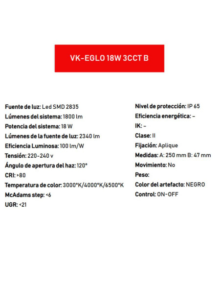 APLIQUE LED VK EGLO18W NG CAL/NEU/FRIO IP65 12CM