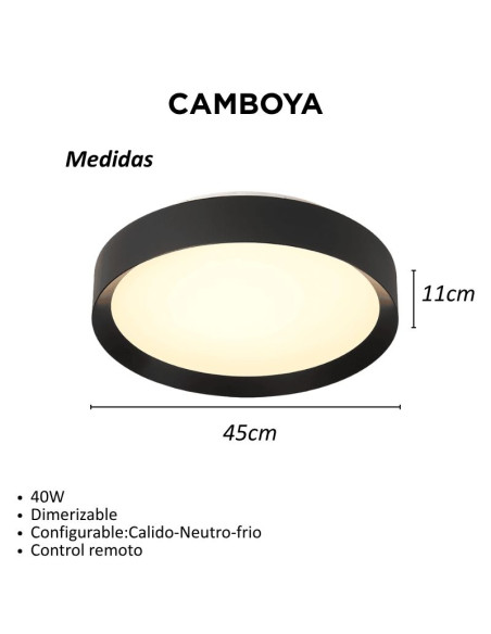 PLAFON REDONDO CAMBOYA 40W NEGRO CAL/NEU/FRIA 45CM DIMMER
