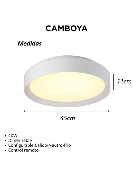 PLAFON REDONDO CAMBOYA 40W BLANCO CAL/NEU/FRIA 45CM DIMMER