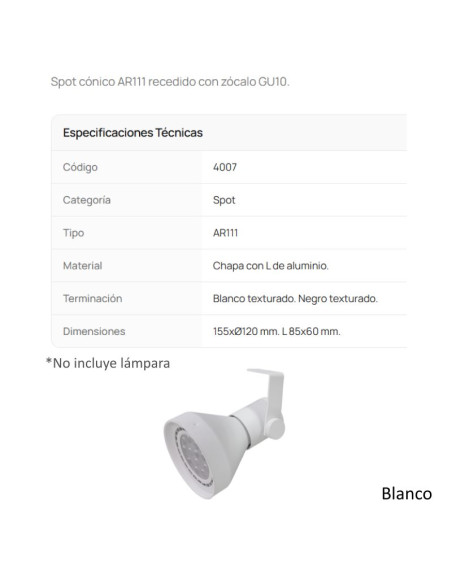 CABEZAL AR111 ALUMINIO BLANCO TEXT 4007