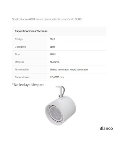 CABEZAL AR111 CILINDRICO ALUMINIO BLANCO TEXT 3010