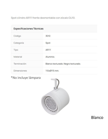 CABEZAL AR111 CILINDRICO ALUMINIO BLANCO TEXT 3010