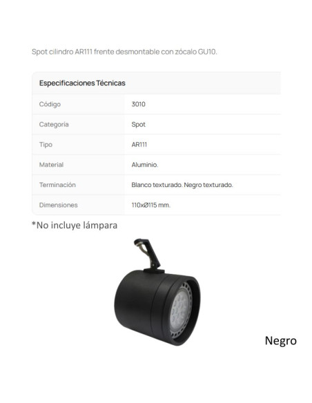 CABEZAL AR111 CILINDRICO ALUMINIO NEGRO TEXT 3010