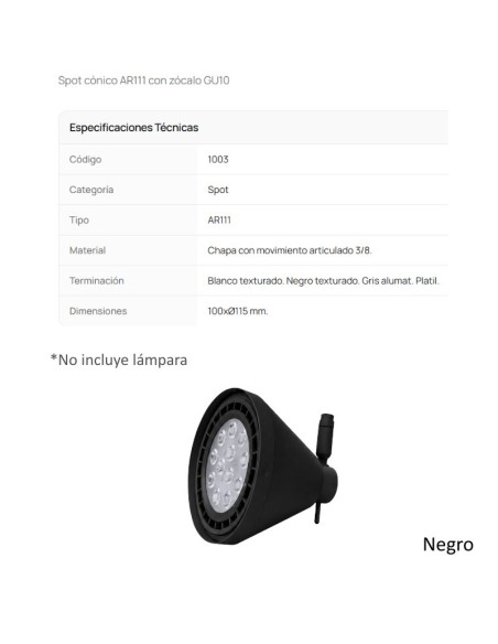 CABEZAL AR111 CONICO NEGRO