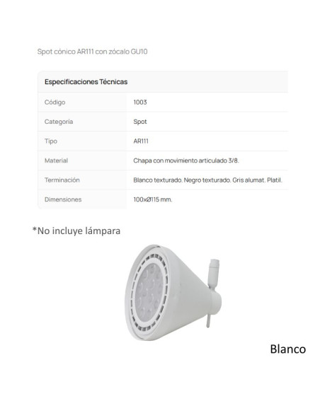 CABEZAL AR111 CONICO BLANCO