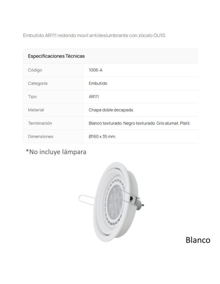 SPOT EMBUTIR AR111 MOVIL REDONDO ANTIDESLUMB BLANCO TEXT