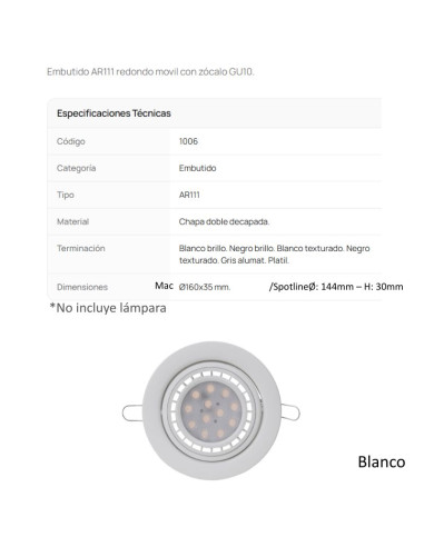 SPOT EMBUTIR AR111 MOVIL REDONDO BLANCO TEXT