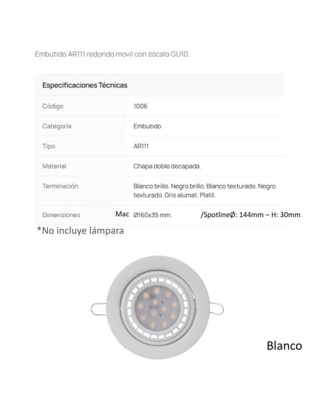 SPOT EMBUTIR AR111 MOVIL REDONDO BLANCO TEXT