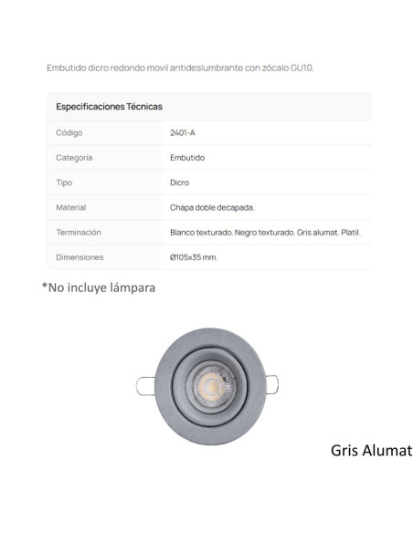 SPOT EMBUTIR DICRO MOVIL REDONDO ANTIDESLUMB GRIS ALUM