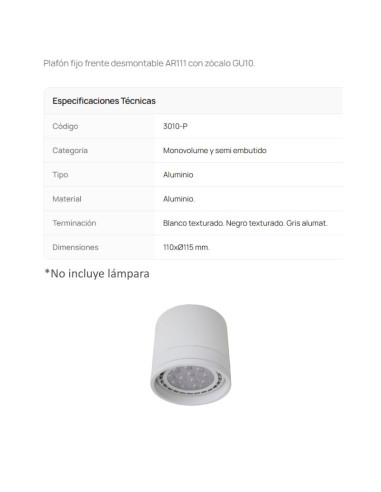 PLAFON AR-111 CILINDRICO ALUMINIO 3010/P BL TEXT
