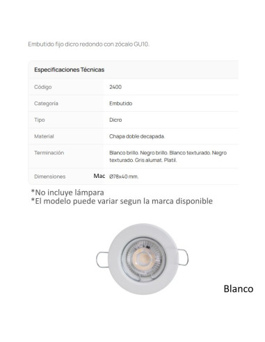 SPOT EMBUTIR DICRO FIJO REDONDO BLANCO LISO