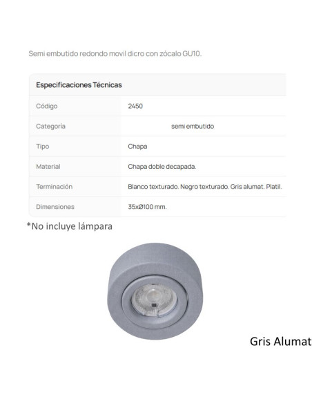 SPOT SEMI EMBUTIR DICRO MOVIL REDONDO GRIS ALUMAT