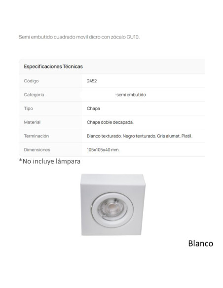 SPOT SEMI EMBUTIR DICRO MOVIL CUADRADO BLANCO TEXT