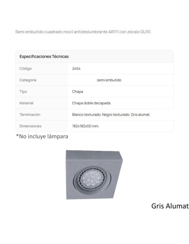 SPOT SEMI EMBUTIR AR111 MOVIL CUADRADO GRIS ALUMAT