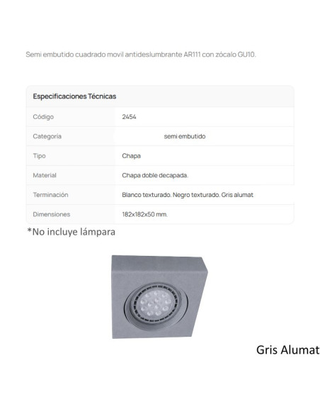 SPOT SEMI EMBUTIR AR111 MOVIL CUADRADO GRIS ALUMAT