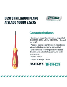 DESTORNILLADOR PLANO AISLADO 1000V 2,5X75MM PROSKIT 2