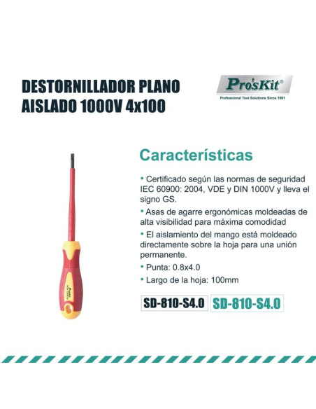 DESTORNILLADOR PLANO AISLADO 1000V 4X100MM PROSKIT