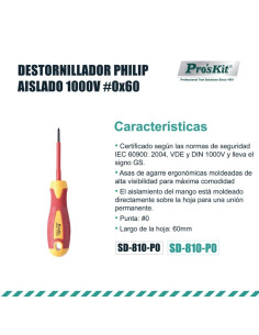DESTORNILLADOR PHILIPS AISLADO 1000V P0X60MM PROSKIT 2