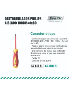 DESTORNILLADOR PHILIPS AISLADO 1000V P1X80MM PROSKIT 2