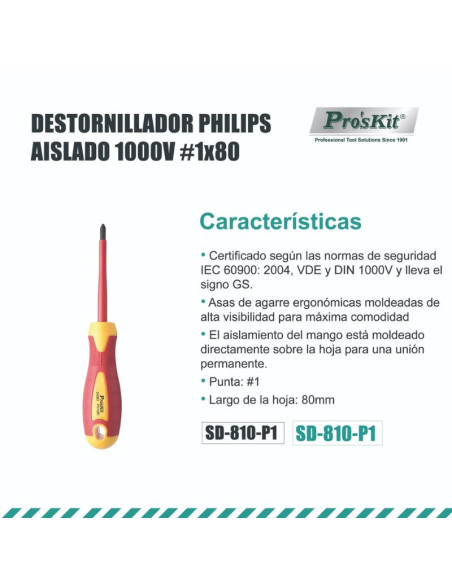 DESTORNILLADOR PHILIPS AISLADO 1000V P1X80MM PROSKIT