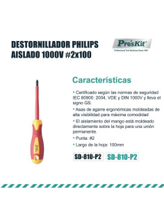 DESTORNILLADOR PHILIPS AISLADO 1000V P2X100MM PROSKIT 2